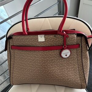 Guess Tan and Red 1981 Tote, Logo Print, Large